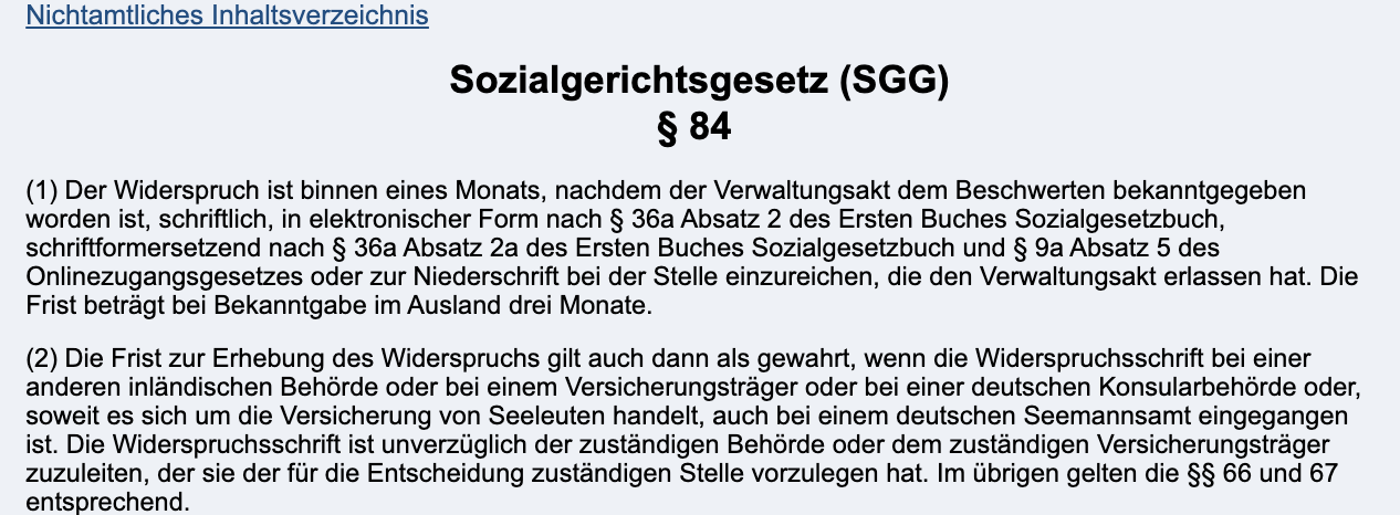 Gesetzestext § 84 Sozialgerichtsgesetz: Widerspruch binnen eines Monats, schriftlich oder zur Niederschrift